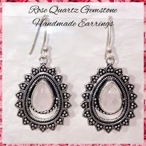 Rose Quartz Gemstone Silver Handmade Halo Earrings